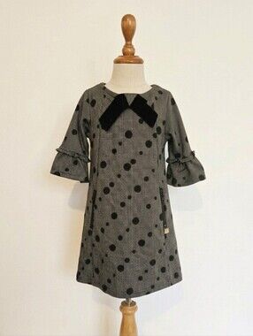 Deux Par Deux Black and Gray Houndstooth Polka Dot Dress Size 5/110cm